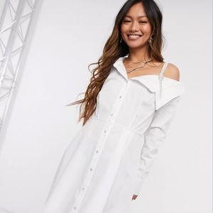 River Island diamante one shoulder mini shirt dress in white